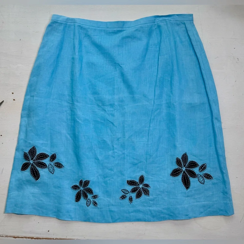 Madison Studio Women’s 100% Linen Teal Turquoise Blue Skirt Embroidered Floral